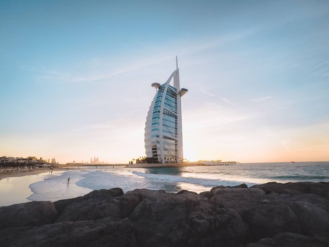 Burj Al Arab on the shoreline in Dubai